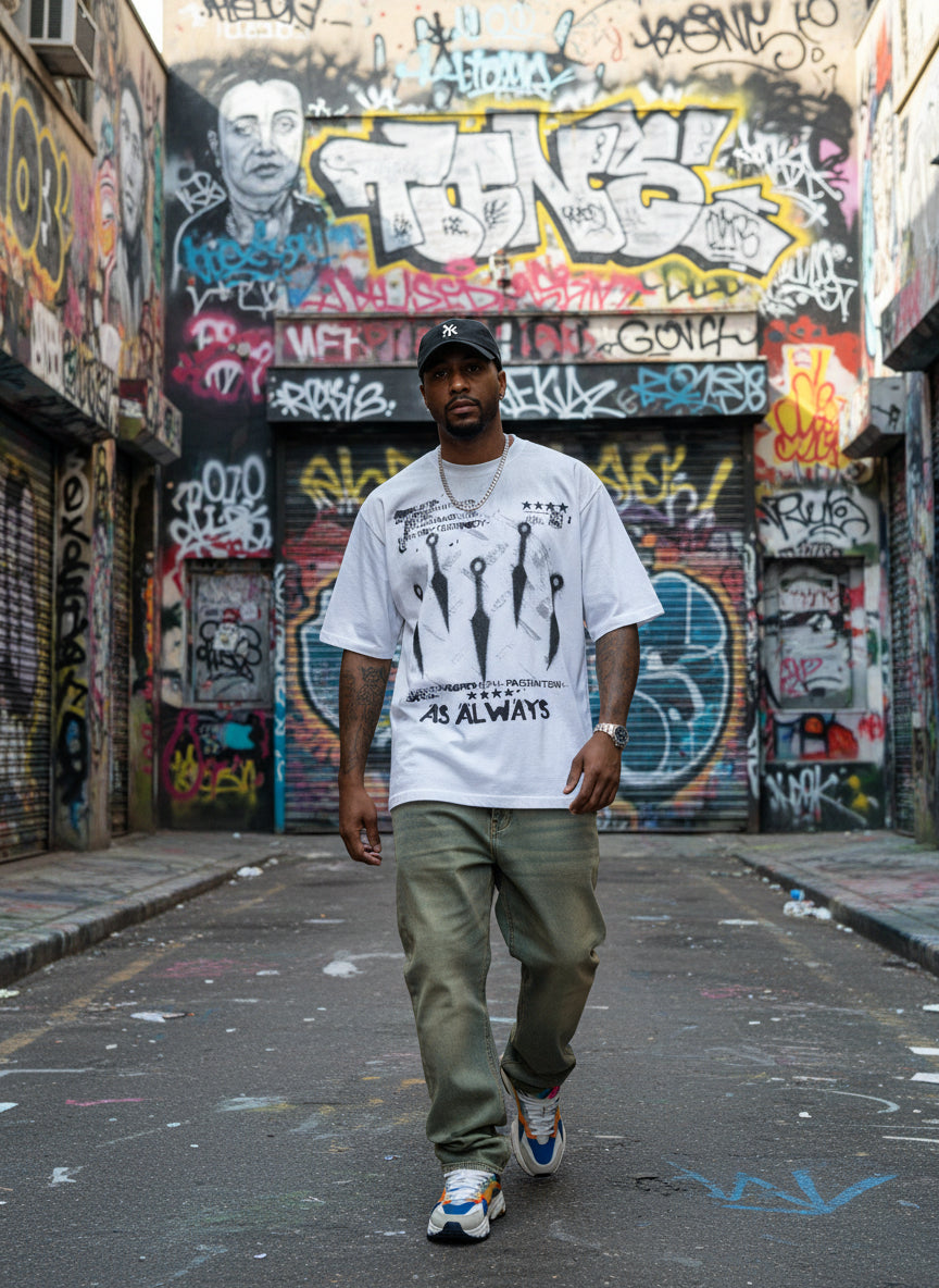 White t-shirt with black graphic design and text on a white background