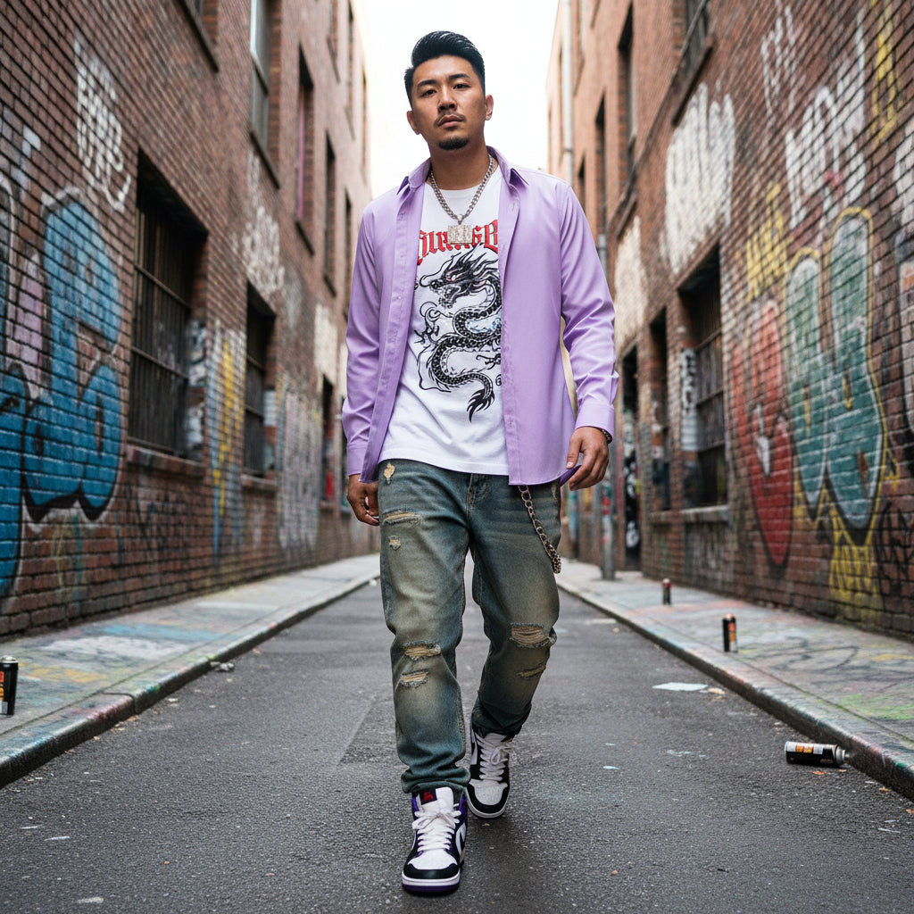 Purple shirt with black buttons on a white background