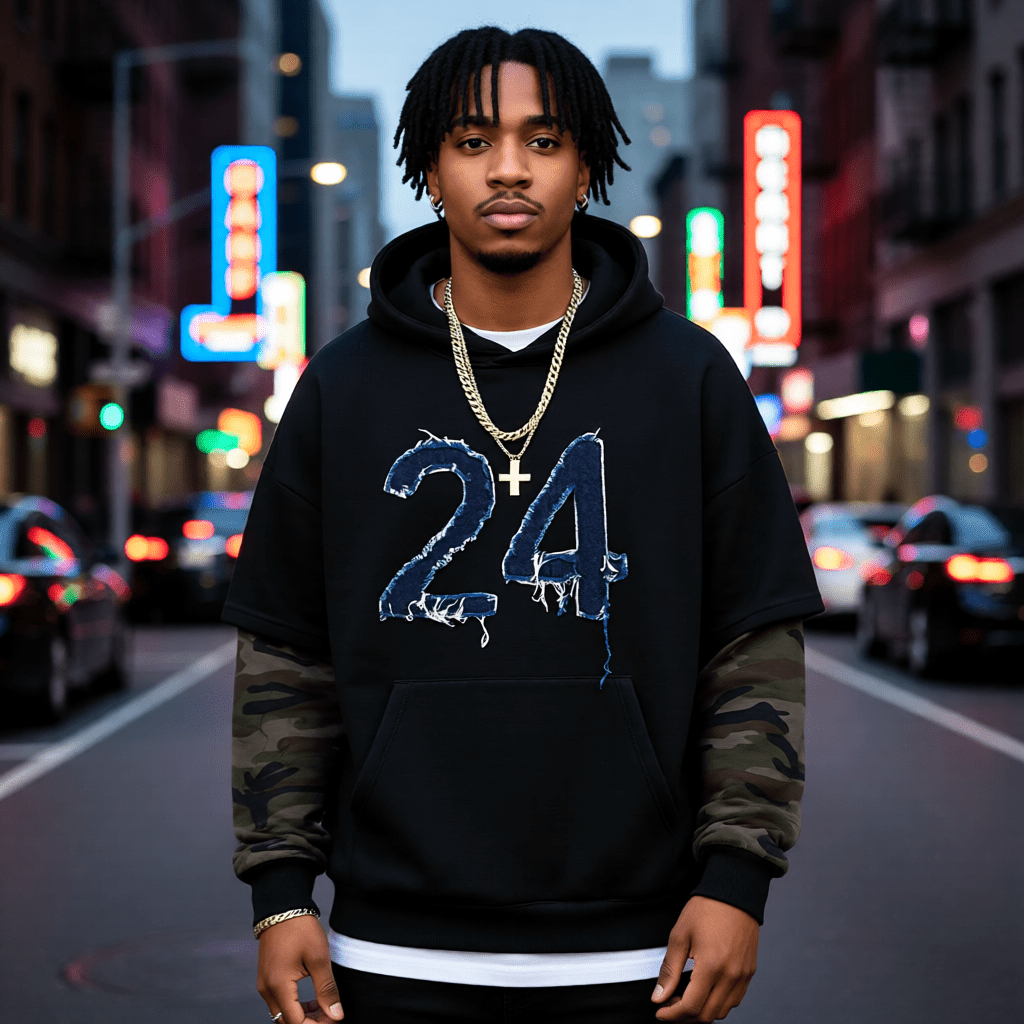 Men’s Oversized Number 24 Hoodie with Camo Contrast Sleeves - My Wear Clothing Co