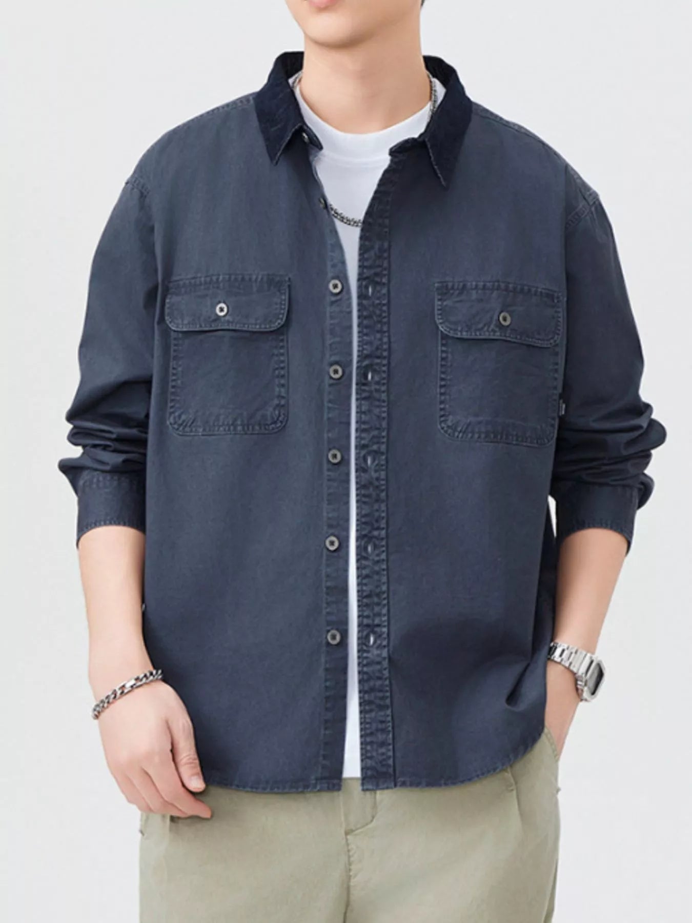 Men's Plus Size Button Up Shacket with Dual Chest Pockets - My Wear Clothing Co