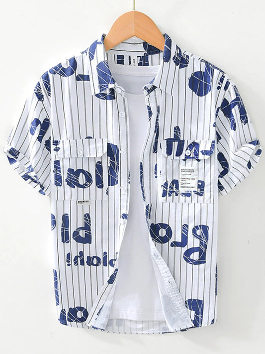 Men's Plus Size Letter Print Striped Short Sleeve Casual Shirt - My Wear Clothing Co