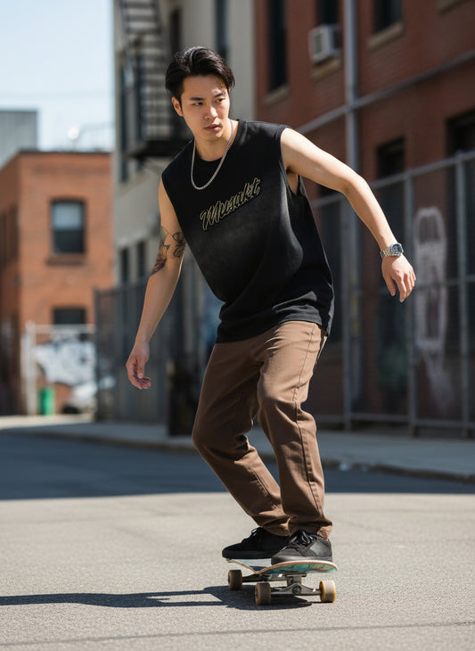 Person wearing a black sleeveless shirt with text on a plain background