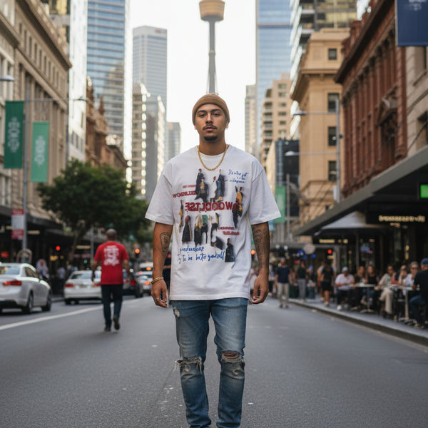 White t-shirt with graphic design and text on a white background