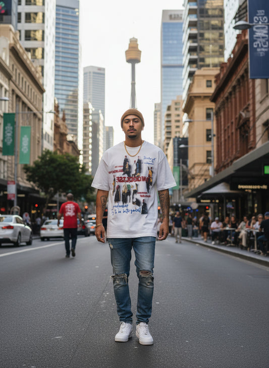 White t-shirt with graphic design and text on a white background
