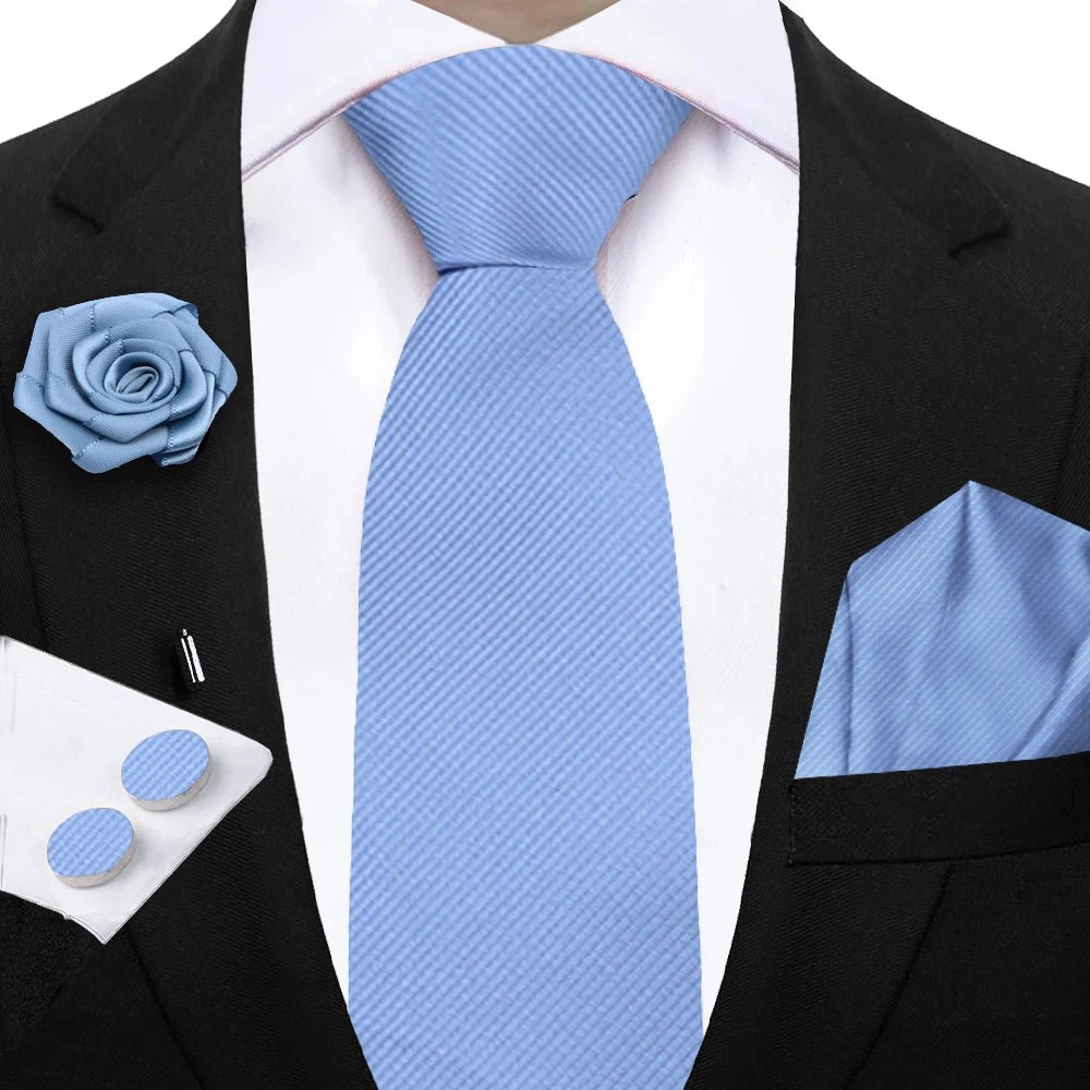 Simplicity 3 - Piece Men's Tie Set – Solid Necktie, Pocket Square and Floral Brooch - My Wear Clothing Co