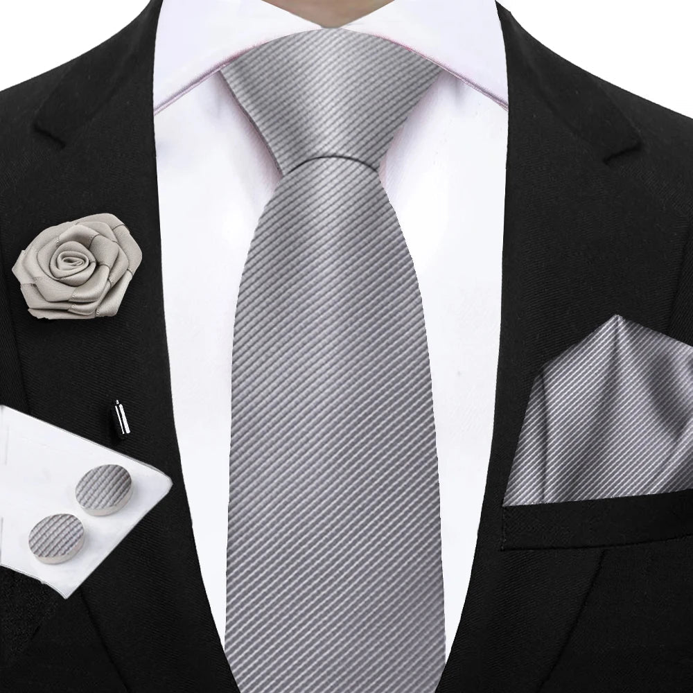 Simplicity 3 - Piece Men's Tie Set – Solid Necktie, Pocket Square and Floral Brooch - My Wear Clothing Co